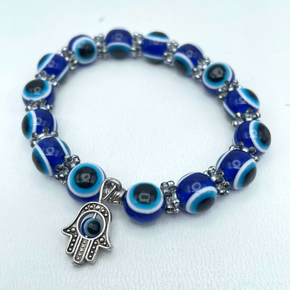 Vintage 90s Silver Tone Blue Evil Eye Beaded Hama Bracelet Women's Jewelry Boho